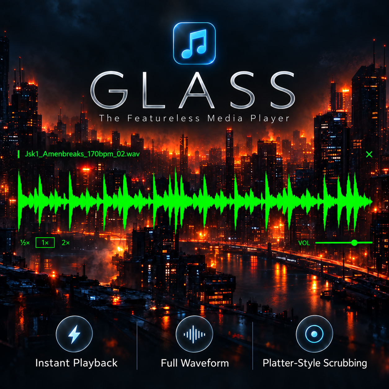 Glass square graphic showing its borderless green waveform floating over a desktop wallpaper