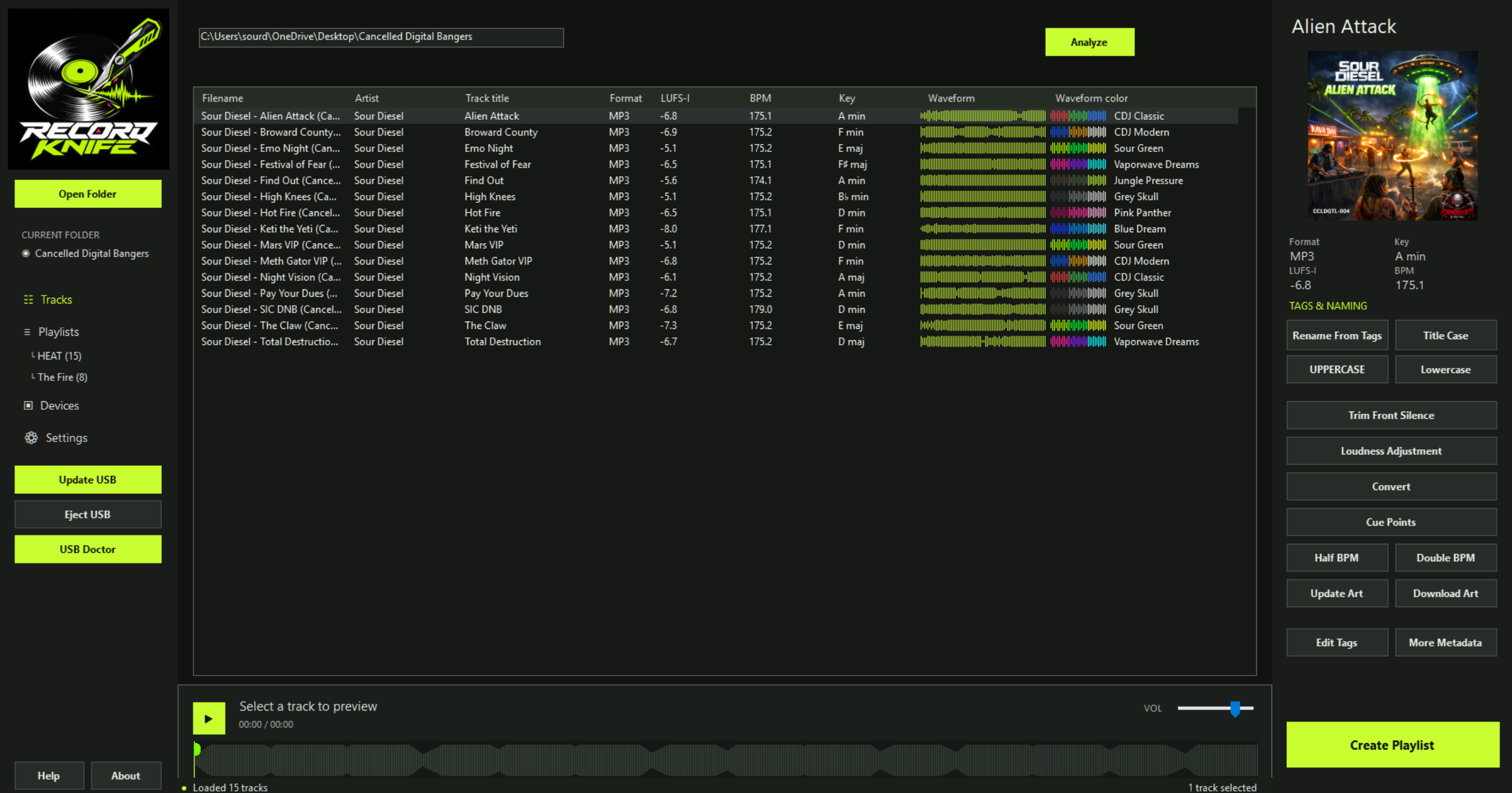Actual Record Knife Windows app showing the track list, editing tools, and player